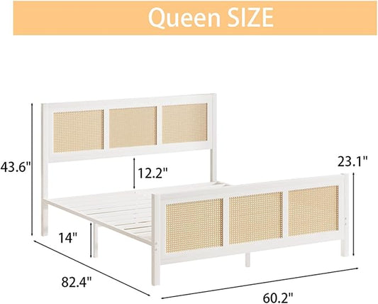 Rattan Bed Frame Queen, Boho Bed Frame with Headboard, Metal Platform Bed Frame Queen Size with Strong Slats Support, No Box Spring Needed, Noise Free, Easy Assembly, White