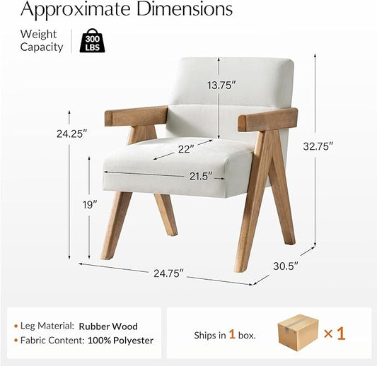 HULALA HOME Modern Accent Chair, Upholstered Arm Chair with Solid Wood Frame, Comfortable Padded Seat and Back, for Living Room, Bedroom, Ivory