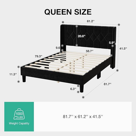 Novilla Queen Size Bed Frame, Queen Bed Frame with Headboard, Velvet Upholstered Pull-Point Wing Side Headboard, No Box Spring Needed, Heavy Duty Feet, Easy Assembly, Black Velvet