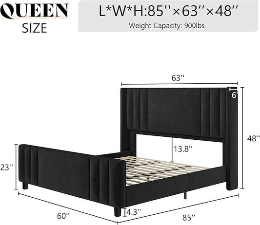AMERLIFE Queen Size Bed Frame, Velvet Upholstered Platform Bed with Vertical Channel Tufted Headboard & Footboard/Wingback, Mattress Foundation with Wood Slats, No Box Spring Needed, Black