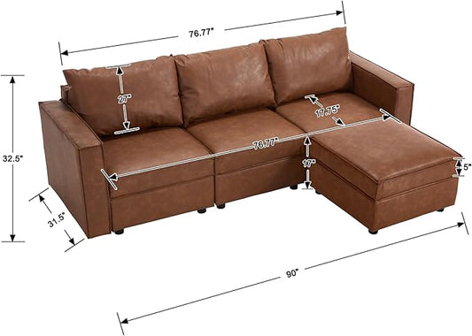 L Shaped Brown Leather, 90 Inches Cloud Modular Sectional Sofa, Modern Convertible Comfortable Sofa for Living Room/Apartment