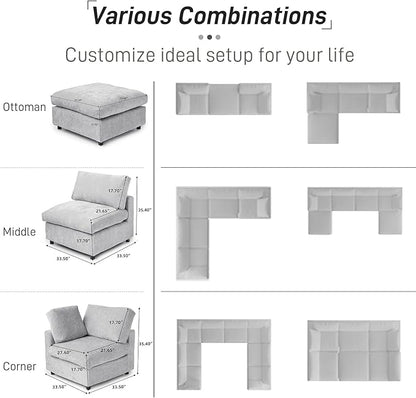WJShome Cloud Couch Modular Sectional Sofa,100.5" V Shaped Couch, Convertible Wide Seater with Ottoman, 6 Seater for Living Room Set,Covers Washable&Replaceable,Gray