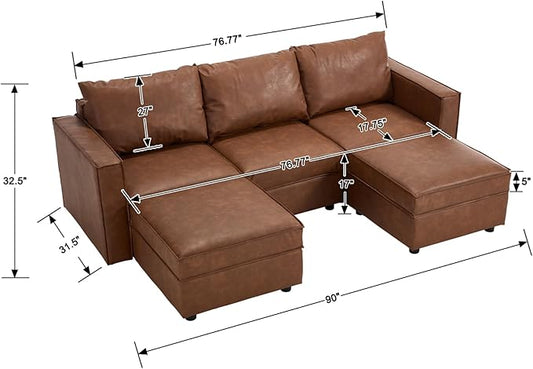 U Shaped Brown Leather, 90 Inches Cloud Modular Sectional Sofa, Modern Convertible Comfortable Sofa for Living Room/Apartment