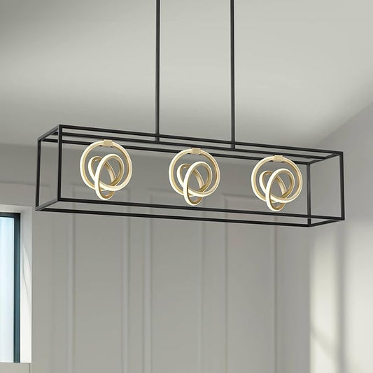 Possini Euro Design Christy 35 1/2" Modern Pendant Chandelier Ceiling Light Fixture Dining Room Over Table Kitchen Island Foyer Hanging Linear 3-Light LED Dimmable Black Gold Metal Hallway Entryway