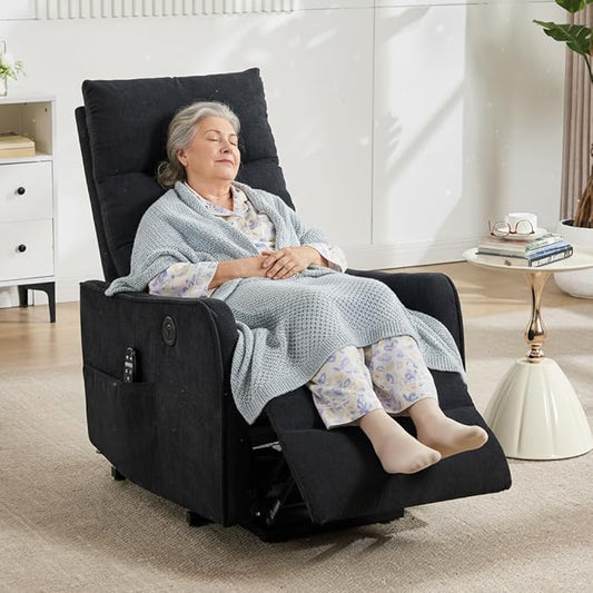 PELUMY Manual Lift Recliner Chair with Massage and Heat for Elderly, Single Motor Electric Lift Chair, Heavy Duty Recliner with USB Charging & Side Pockets (Chenille, Black)