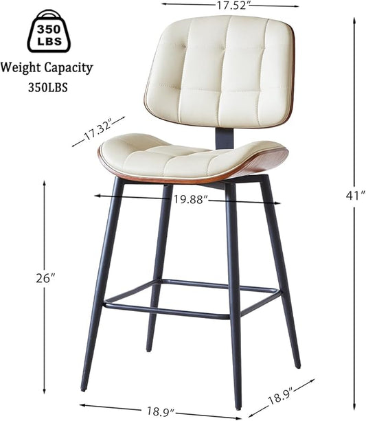 Mid Century Modern Bar Stools Set of 3 for Kitchen Island,Upholstered Beige Faux Leather Counter Height stools,26 Inch Counter stools with Walnut Grain Back