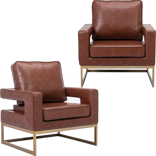 Modern Accent Chair Set of 2, PU Leather Upholstered Side Chair with Backrest, Comfy Armchair Side Chair with Golden Metal Base for Living Room Reception Room, Brown
