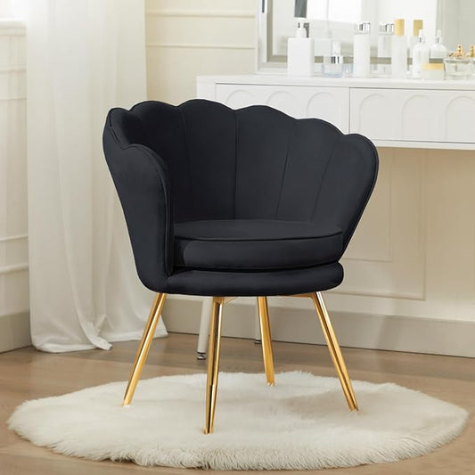 Velvet Vanity Chair with Back, Mid-Century Modern Small Accent Chair for Living Room, Golden Metal Legs Upholstered Makeup Chair, 1Pcs Bedroom Armchair, Black