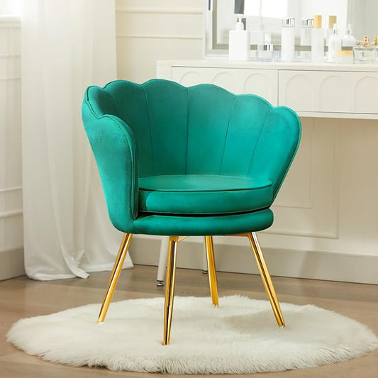 Velvet Vanity Chair with Back, Mid-Century Modern Small Accent Chair for Living Room, Golden Metal Legs Upholstered Makeup Chair, 1Pcs Bedroom Armchair, Emerald Green