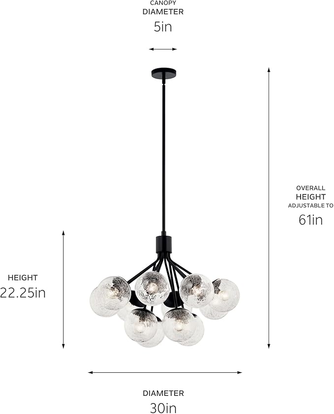 KICHLER Silvarious 12-Light Convertible Chandelier, Soft Modern Light with Clear Crackled Glass in Black, for Dining Room, Living Room, Bedroom or Foyer (22.25" x 30"), 52701BK
