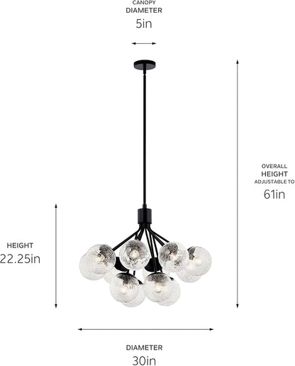 KICHLER Silvarious 12-Light Convertible Chandelier, Soft Modern Light with Clear Crackled Glass in Black, for Dining Room, Living Room, Bedroom or Foyer (22.25" x 30"), 52701BK