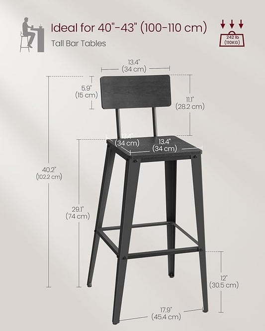 VASAGLE Set of 2 Bar Stools, Bar Height Stools, 29.1 Inches Tall Barstools with Back, Counter Bar Chairs for Kitchen Island, Steel Frame, Industrial Style, Easy Assembly, Ash Black and Ink Black