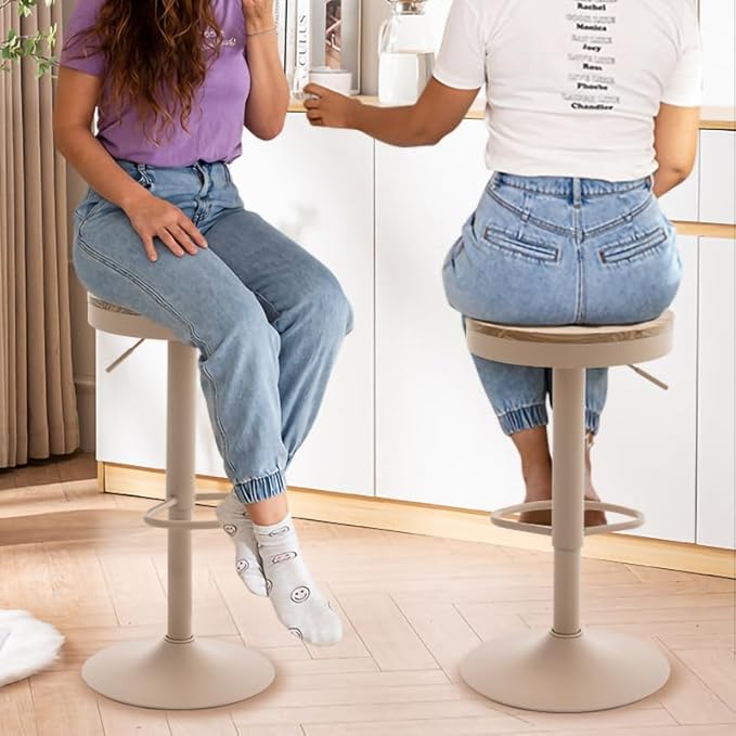 Kidol & Shellder Bar Stools Set of 6 Round Adjustable Swivel Barstools Modern Backless Bar Chairs Wooden Seat Counter Height Stools Armless for Kitchen Island, Cafe, Dining Room (Khaki)