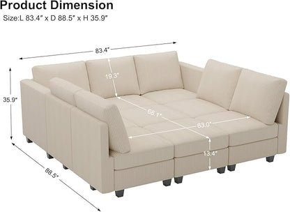 Belffin Corduroy Modular Sectional Sofa 9 Seat Convertible Sectional Sleeper Sofa Bed with Storage Ottomans Modular Sectional Couch Bed for Living Room Beige