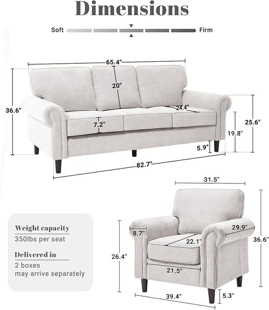 Kingfun 3 Seater Couch, Mid Century Modern Sofa Set with Rolled Arms and Deep Seats, Fluffy Comfort for Living Room, Apartment, Easy Assembly, Beige
