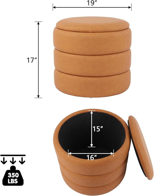 DAGONHIL Round Ottoman with Storage, PU Leather Footrest, Hidden Storage Ottoman Stool,Vanity Stool for Bedroom, Living Room, Entryway, Brown
