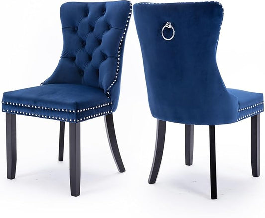Velvet Upholstered Dining Chairs Set of 2, Modern Style Kitchen Side Chairs with Nailhead Trim and Wood Legs,Metal Pulling Ring for Dining Room Living Room(Blue,Set of 2)