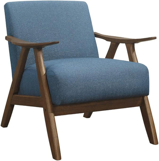 Lexicon Mid Century Modern Accent Chair with Solid Wood Frame in Walnut Finish, Upholstered Living Room Lounge Arm Chair, Thick and Comfy Innerspring Seat Cushion, Linen-Look Fabric, Blue