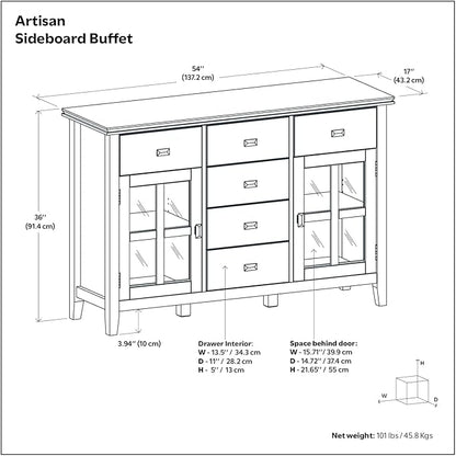 SIMPLIHOME Artisan Buffet - 54 inch Wide Solid Wood 3-Door Sideboard Buffet in Natural Aged Brown, Transitional Storage Cabinet for Dining Room or Kitchen with Adjustable Shelves and Bronze Hardware