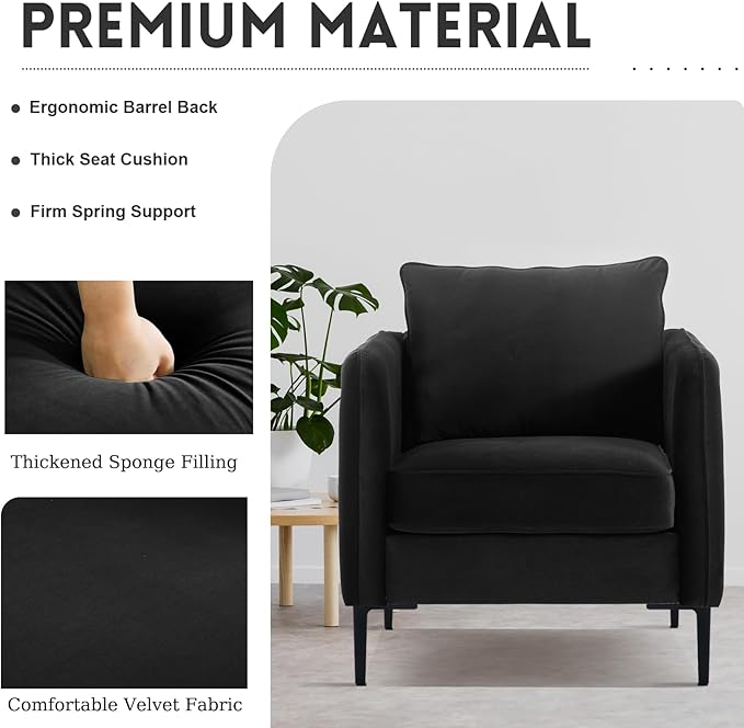 Velvet Accent Chair, Comfy Upholstered Single Sofa Chair Mid-Century Modern Armchair with Thick Cushion and Wood Frame Side Chair for Living Room Bedroom Apartment (Black)