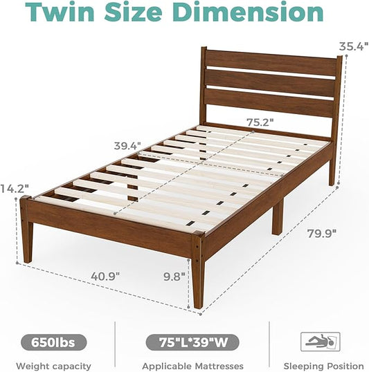 Twin Bed Frame with Ladder Headboard, Malaysian Oak Platform Bed, Modern Malaysian Oak Bed Frames with Wood Foundation, No Box Spring Needed, Easy Installation, Twin Size, Antique Espresso