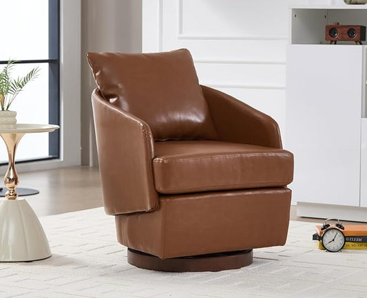 CIMOTA PU Leather Swivel Accent Chair, Modern Barrel Armchair with 360° Swivel Base and Pillow, Upholstered Club Chair for Living Room/Reading/Office, Brown