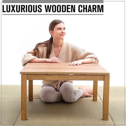 BJDesign Kotatsu - Japanese Heated Table - Wooden Chabudai Furniture with 120V Electric Heater - Low-Lying Dining and Work Desk with Temperature Control Knob (29x29in, Natural)