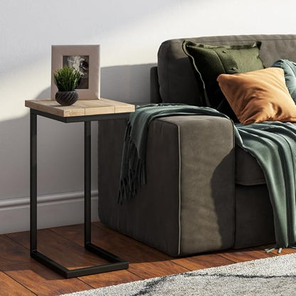SIMPLIHOME Skyler 18-inch Wide Solid Mango/Metal Industrial C-Shaped End Table in White Wash/Black for Living Room, Office, or Bedroom, Assembled