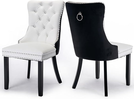 Leather Upholstered Dining Chairs Set of 2, Modern Style Kitchen Side Chairs with Nailhead Trim and Wood Leg, Metal Pulling Ring for Dining Room Living Room(Black&White,Set of 2)