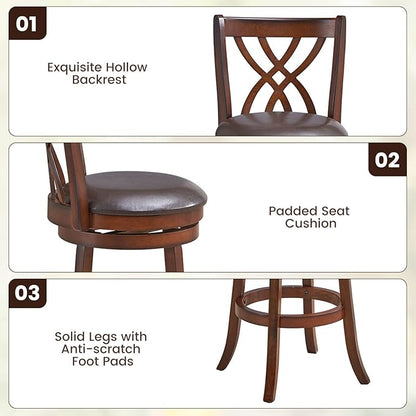 COSTWAY Bar Stools Set of 2, 360° Swivel Chairs with Rubber Wood Frame, 30-Inch PU Leather Cushioned Seat and Footrests, for Kitchen Island, Dining Room, Bar (Brown-30 inches, 2 stools)