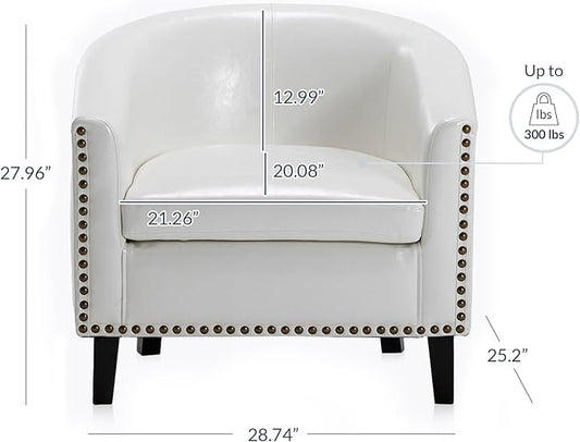 BELLEZE Accent Barrel Chair, Modern Tub Club Chair Upholstered Armchair for Living Room, Faux Leather Chair with Gold Nail Head Trim Black Legs - Kyara (White)