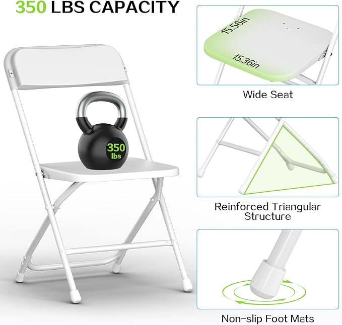 Folding Chairs 30 Pack,White Plastic Folding Chairs for Indoor Outdoor,Portable Stackable Commercial Seat with Steel Frame 350lb.Capacity for Party Events Wedding Dining Picnic Office(30 Pack)