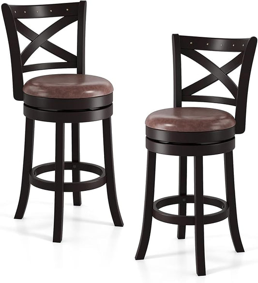 COSTWAY Bar Stools Set of 2, 26" Swivel Counter Height Bar Chairs with Copper Nails, Upholstered Seat, X-Shaped Backrest, Solid Rubber Wood Frame, for Kitchen Island Pub Bar