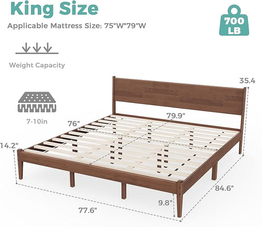 King Bed Frame and Headboard, Mid Century Platform Bed Frame, Malaysian Oak King Bedframe with Adjustable Support Legs, No Box Spring Needed, Easy Assembly, Antique Espresso