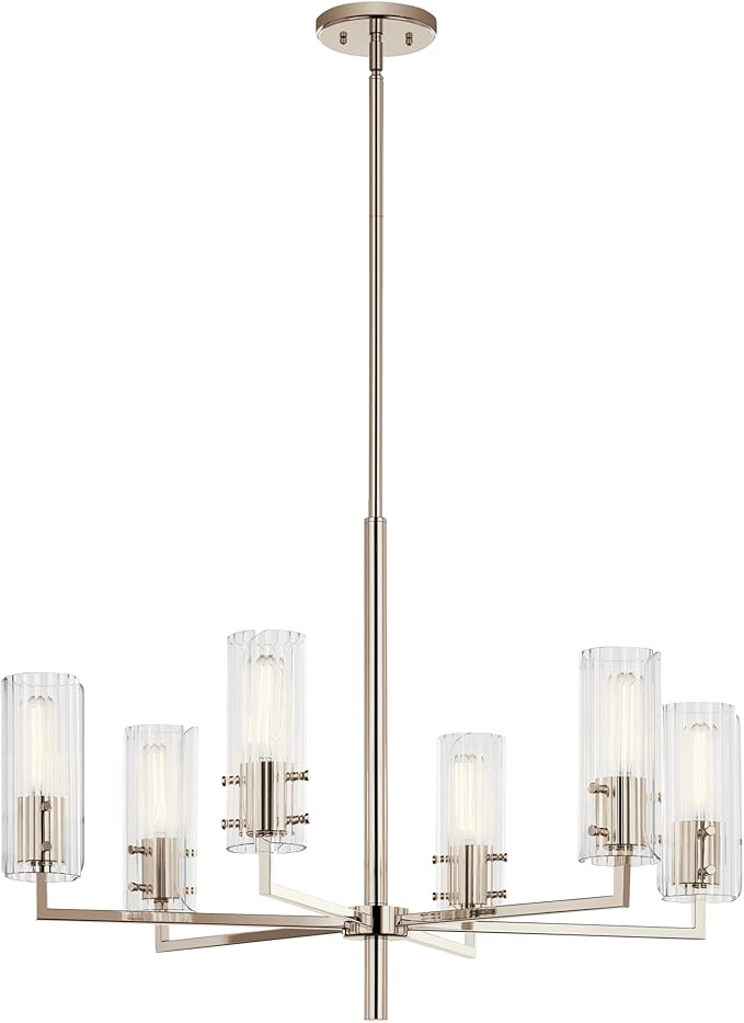 KICHLER Velestino 30.25" 6 Light Chandelier in Polished Nickel, for Foyer, Dining Room, Living Room, Bedroom, (21.25" x 30.25") 52679PN