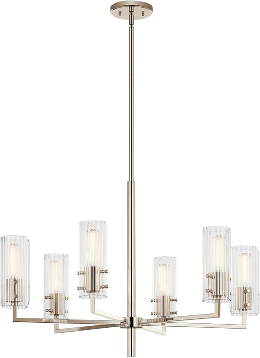 KICHLER Velestino 30.25" 6 Light Chandelier in Polished Nickel, for Foyer, Dining Room, Living Room, Bedroom, (21.25" x 30.25") 52679PN