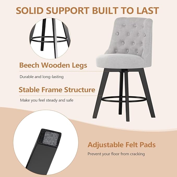 MINCETA Set of 2 Upholstered Bar Stools - 26 Inch Swivel Counter Height Stools with Low Tufted Back, Footrest & Performance Fabric - Round Seat for Kitchen Island & Home Bar Gray and Beige