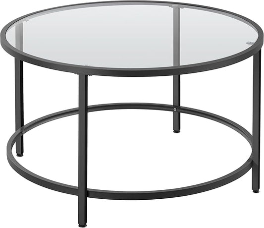 Yaheetech 27.6" Round Glass Coffee Table, Small Coffee Table for Living Room，Black Circle Coffee Tables Center Tables with Glass Top, Office & Apartment