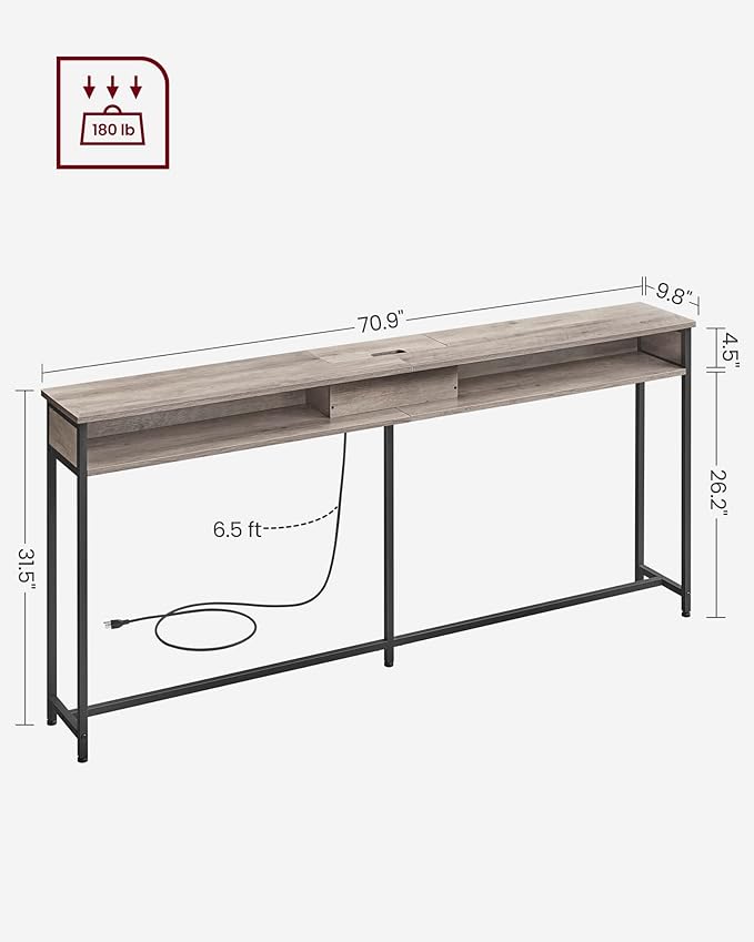 VASAGLE 70.9-Inch Console Table with Outlet and Shelves, Sofa Table with Charging Station, Behind Couch Table Skinny, Entryway Table for Hallway, Living Room, Heather Greige and Ink Black ULNT118B02