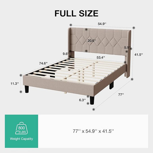Novilla Full Size Bed Frame, Full Bed Frame with Headboard, Linen Upholstered Pull-Point Wing Side Headboard, No Box Spring Needed, Heavy Duty Feet, Easy Assembly, Beige