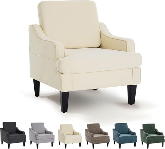 Modern Accent Chair for Bedroom Upholstered Reading Chair with Side Pockets Comfy Living Room Chairs Living Room Armchair for Office, Apartment, Small Room (Beige)