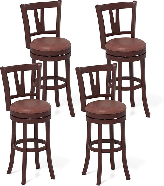 COSTWAY Barstools Set of 4, 30” Faux Leather Upholstered Bar Stools with High Backs and Footrests, Armless Kitchen Island Dining Chairs with Solid Wood Legs, Cappuccino (4, 30'' Seat Height)