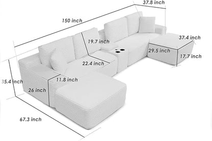 150" Oversized Modular Sectional Sofa,Deep Seat Cloud Corduroy Boneless Couch with Cup Holders,USB Ports, Wireless Charging & Storage Box,Upholstered Modular Sleeper Sofa for Living Room (Grey)