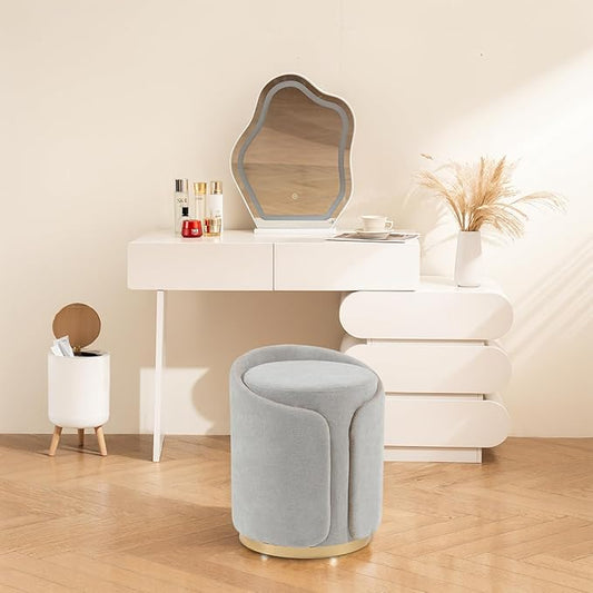 Swivel Vanity Stool with Gold Base Comfy Vanity Chair Modern Round Stool for Makeup Vanity Ottoman Foot Rest for Bedroom livingroom (Light Gray)