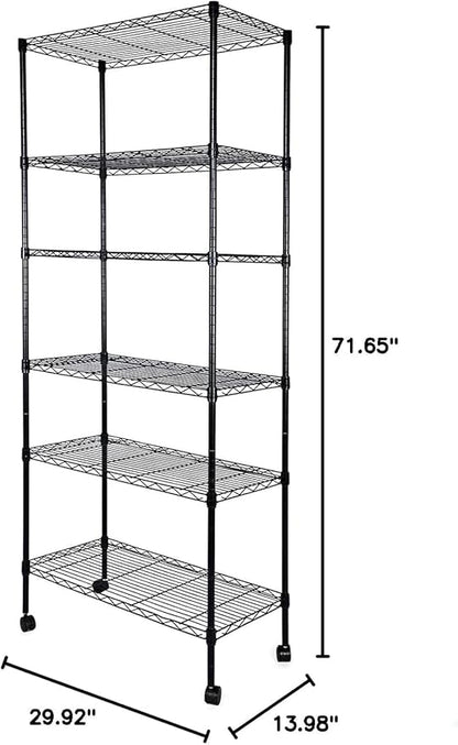 Simple Deluxe Heavy Duty 6-Shelf Shelving, 29.92'' D x 13.98'' W x 71.65'' H Adjustable Wire Shelving with Hanging Hooks and Wheels, Black