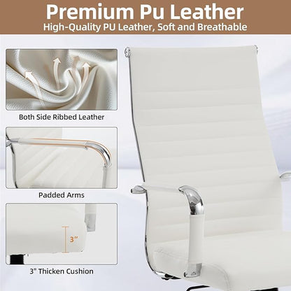Conference Room Chairs, Ergonomic Executive Office Chair, Ribbed Leather Desk Chair with Lumbar Support, Adjustable Height Mid-Back Swivel Chair with Padded Seat
