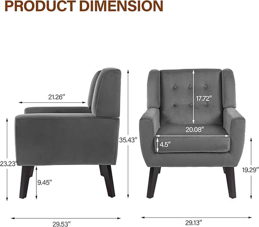 Lumibee Accent Chair, Modern Velevet Armchair for Living Room, Comfy Upholstered Arm Chair Tufted for Indoor Bedroom Office Room (Gray Velvet)