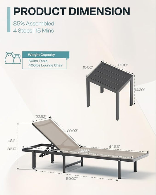 Pool Lounge Chairs Set of 3 (2 Loungers + 1 Side Table)，Outdoor Lounge Chairs with Wheels and 5-Position Recliner, Aluminum Patio Lounge Chair for Poolside, Deck (Khaki)