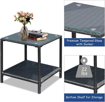 COSTWAY 3 Pieces Patio Rattan Rocking Chair Set, Outdoor Conversation Furniture Sets with Coffee Table, Storage Shelf and Cushions, Modern Bistro Set for Porch, Backyard, Garden, Navy
