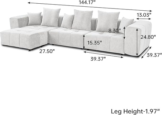 JACH 144.1 Inch L-Shaped Modular Sofas, Modern 3-Seater Couch with Chaise Ottoman, Mid Century Modern Sectional Couches, Cozy Sleeper Sofa for Apartment/Living Room (Linen Fabric, White)